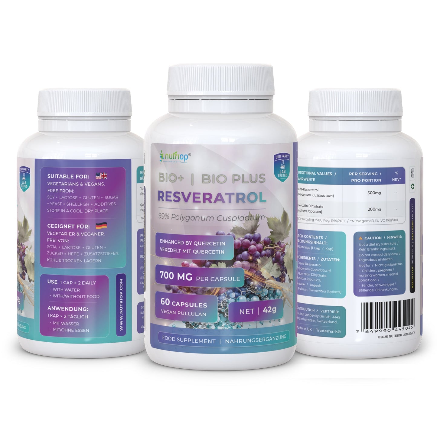 Bio-Enhanced Nutriop Longevity® Resveratrol with Pure Quercetin - 700mg Capsules (x60)