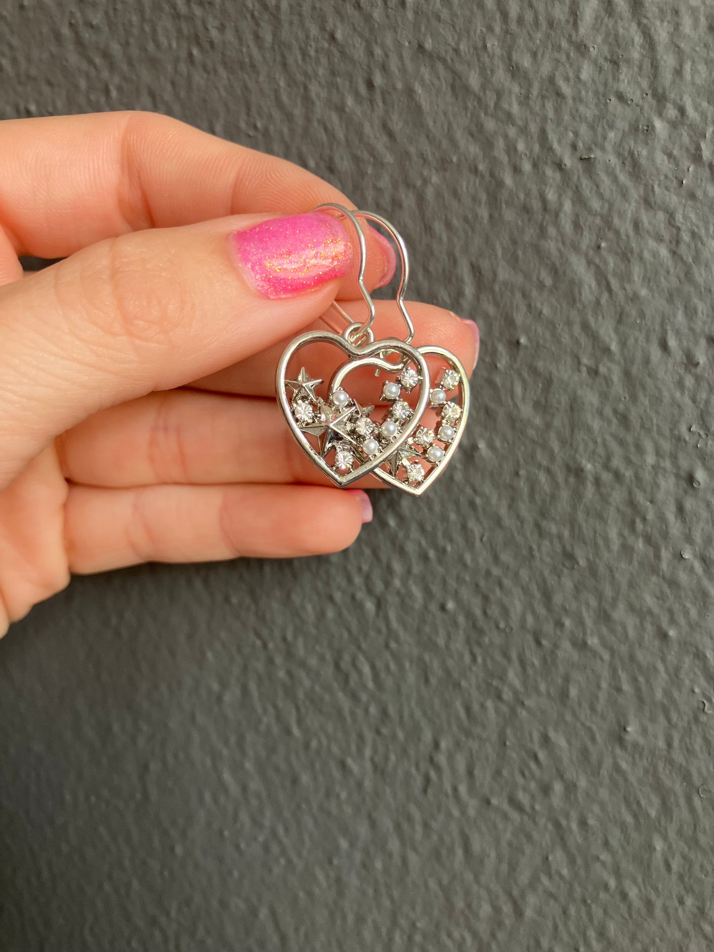 Handmade Heart Earrings with Stars and Pearls