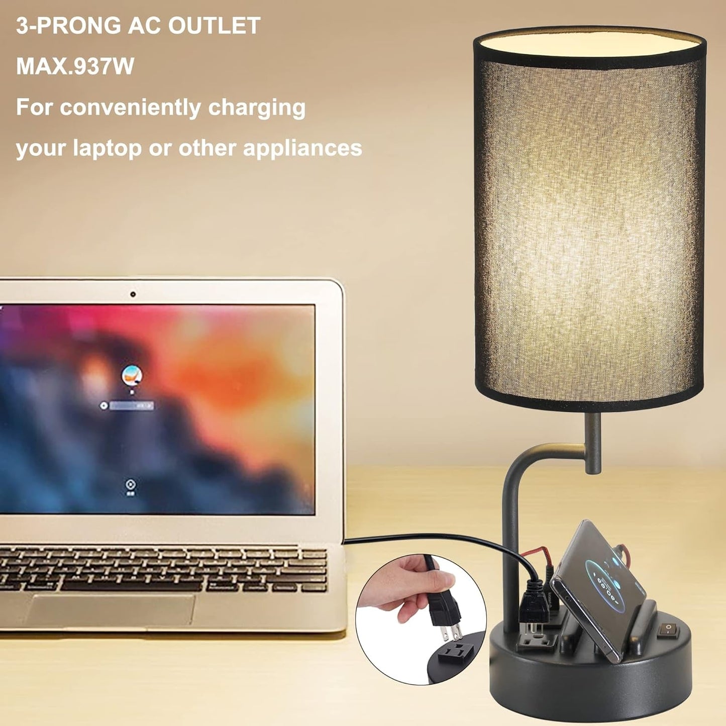 Table Lamp with 3 USB Charging Ports, Modern Desk Lamp with AC Outlet