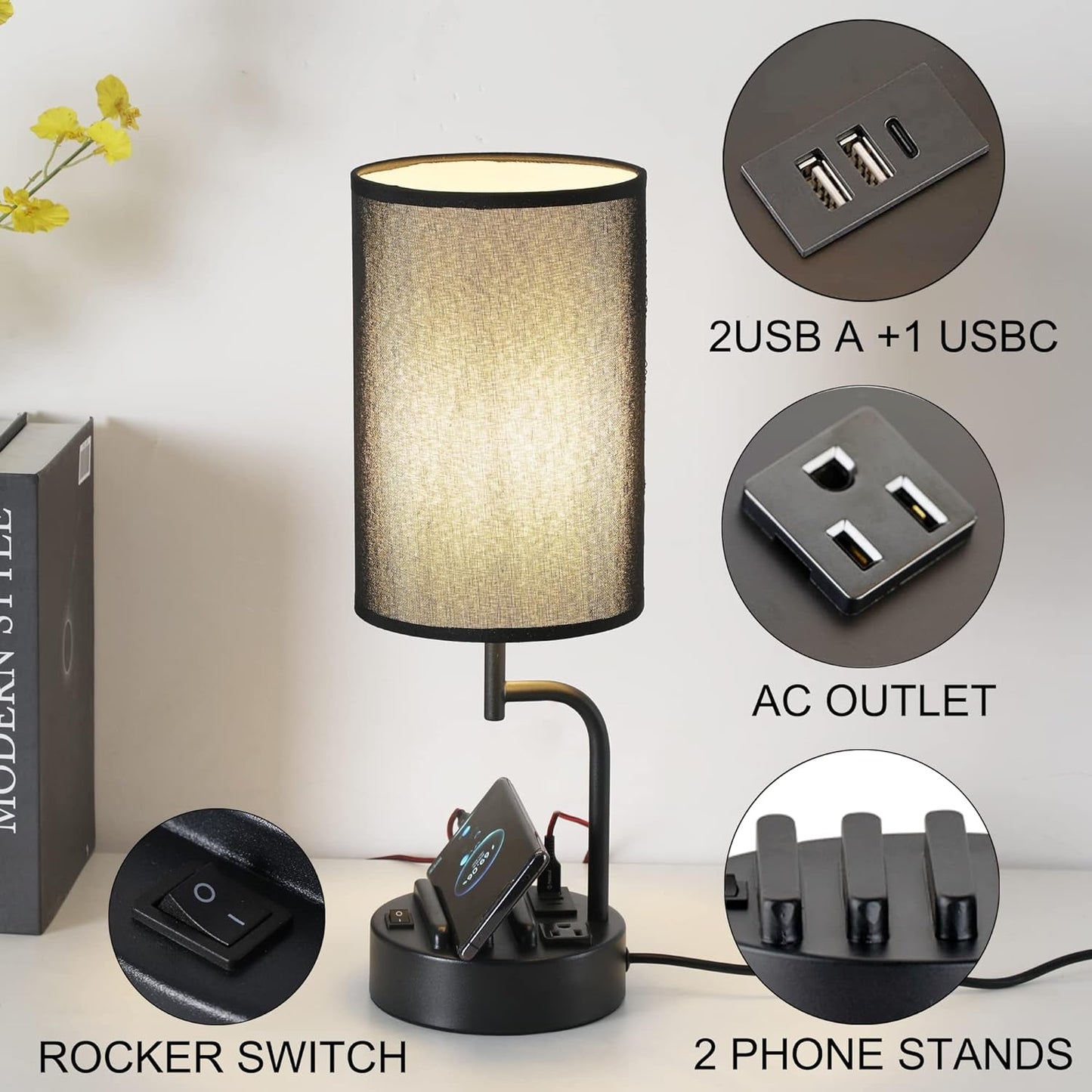 Table Lamp with 3 USB Charging Ports, Modern Desk Lamp with AC Outlet