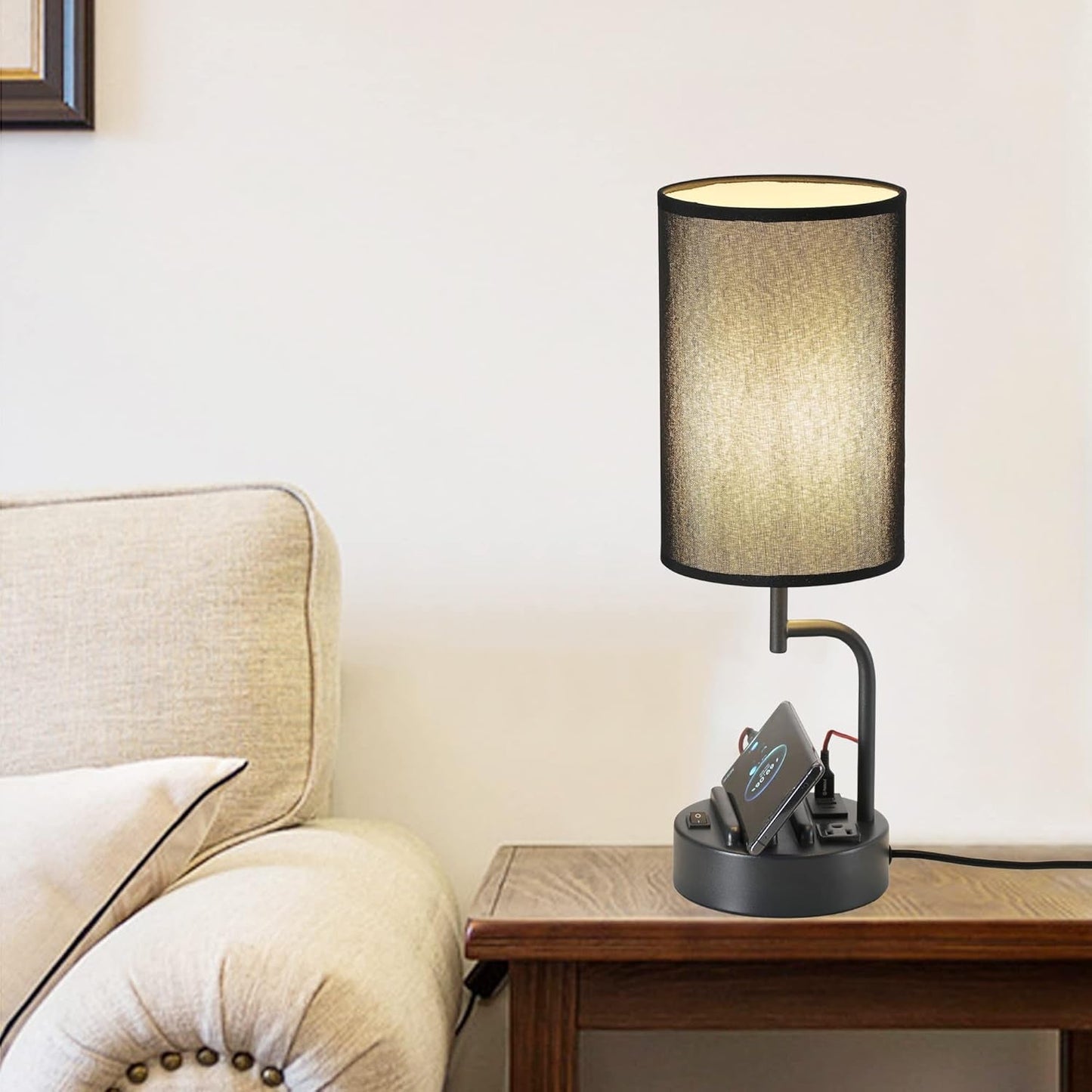 Table Lamp with 3 USB Charging Ports, Modern Desk Lamp with AC Outlet