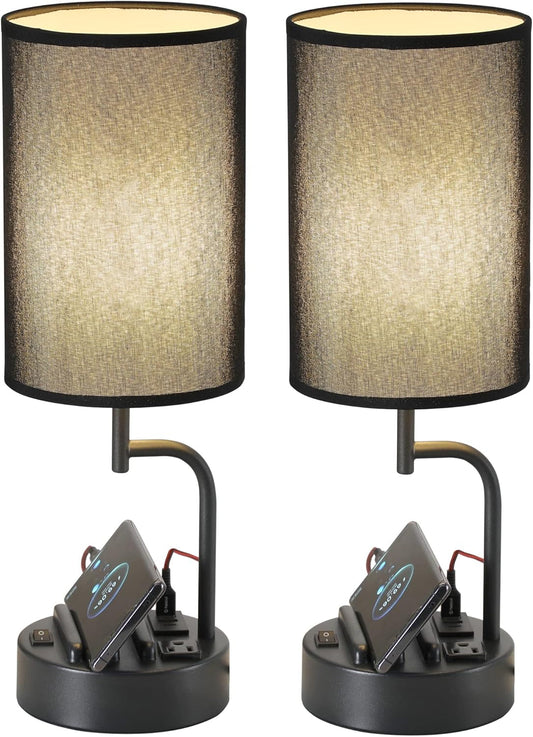 Table Lamp with 3 USB Charging Ports, Modern Desk Lamp with AC Outlet