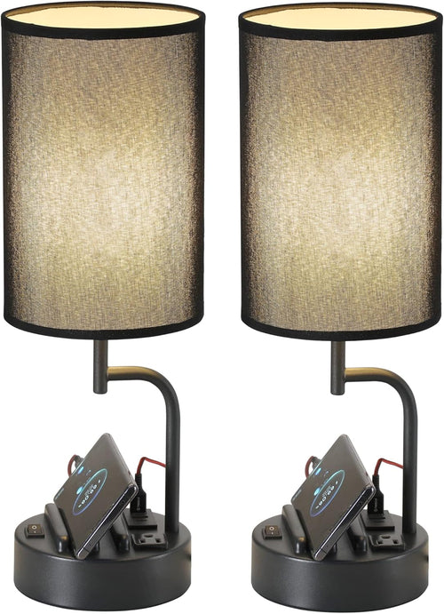 Table Lamp with 3 USB Charging Ports, Modern Desk Lamp with AC Outlet