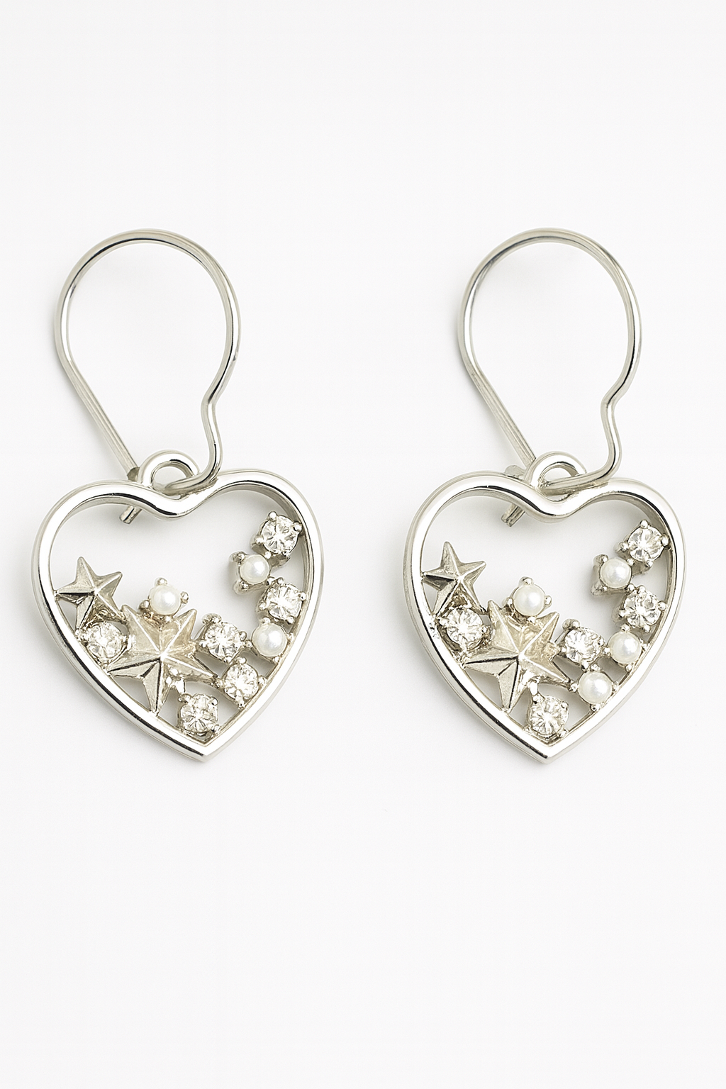 Handmade Heart Earrings with Stars and Pearls