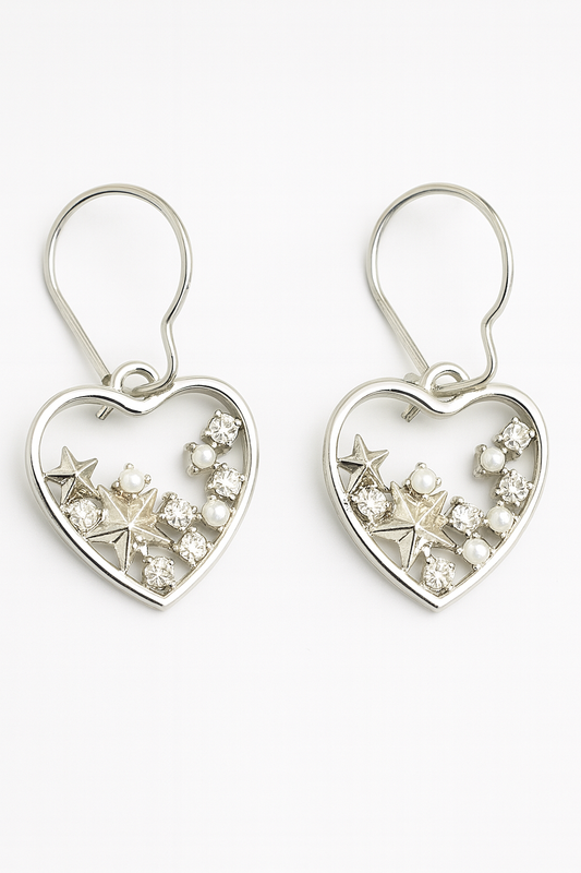 Handmade Heart Earrings with Stars and Pearls