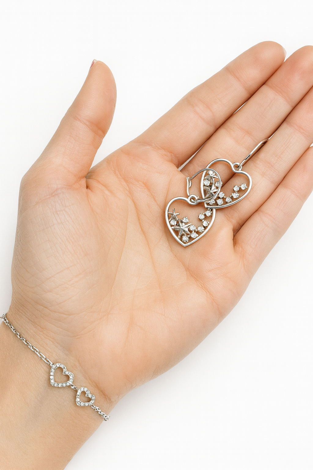 Handmade Heart Earrings with Stars and Pearls