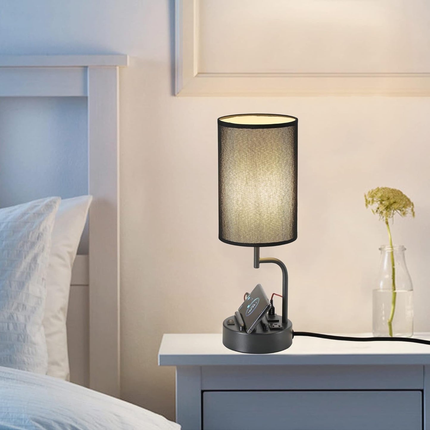 Table Lamp with 3 USB Charging Ports, Modern Desk Lamp with AC Outlet